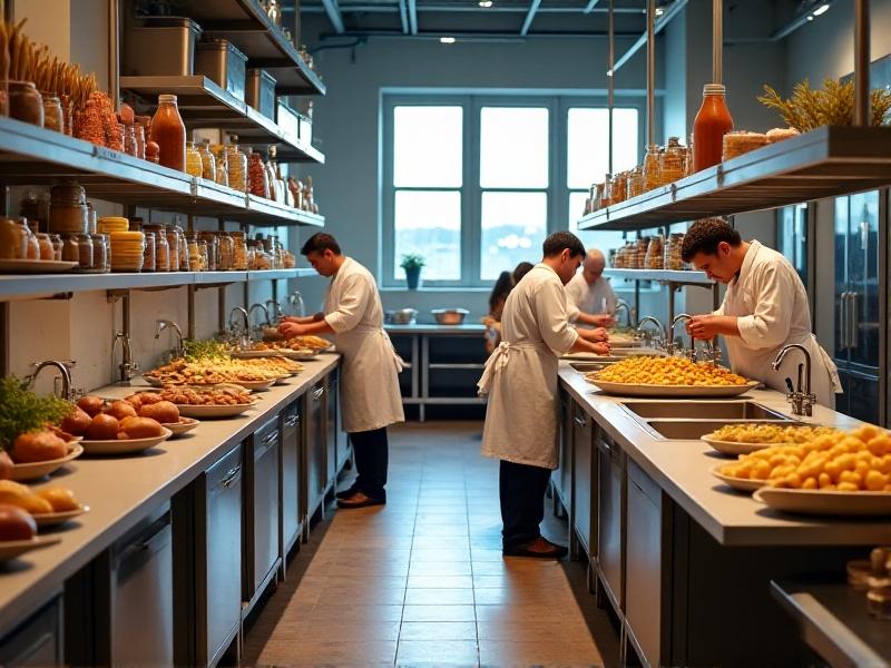 A shared kitchen space where multiple small-batch producers work. The image shows various ingredients and equipment, with a focus on the potential for cross-contamination. The lighting is bright, and the mood is industrious, highlighting the challenges of maintaining allergen safety in a communal environment.