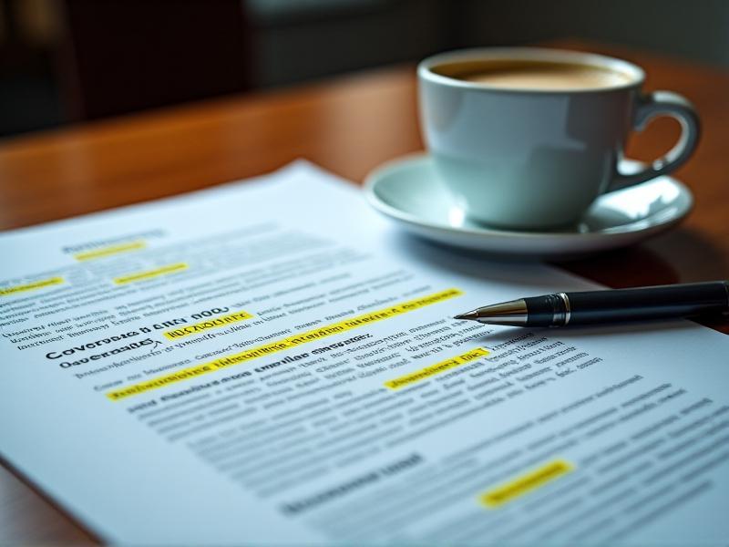 A close-up of a detailed insurance policy document with highlighted sections on coverage limits and scope, placed on a wooden desk with a pen and a cup of coffee, suggesting a professional and meticulous approach to securing the right policy.
