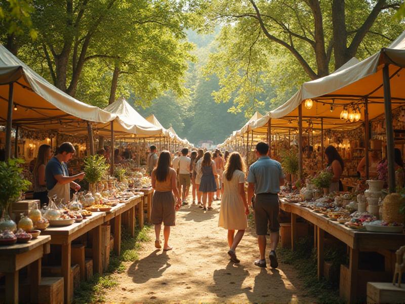 A vibrant pop-up market at a farm festival, with artisanal products displayed on wooden tables, surrounded by lush greenery and attendees enjoying the atmosphere.