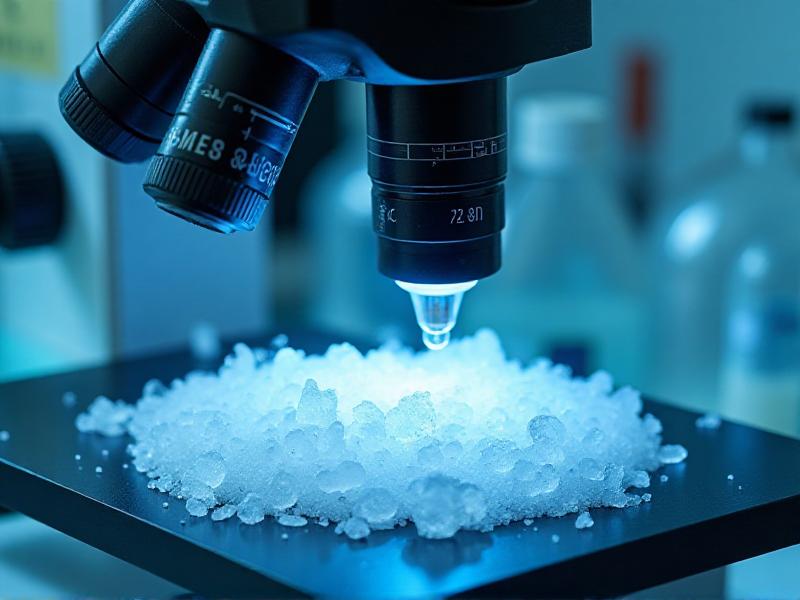 A close-up of salt crystals dissolving in water, with a microscope slide showing lactic acid bacteria in the background. The image is styled with a scientific aesthetic, featuring soft blue lighting and a clean, laboratory-like environment, highlighting the microbiological aspects of fermentation.