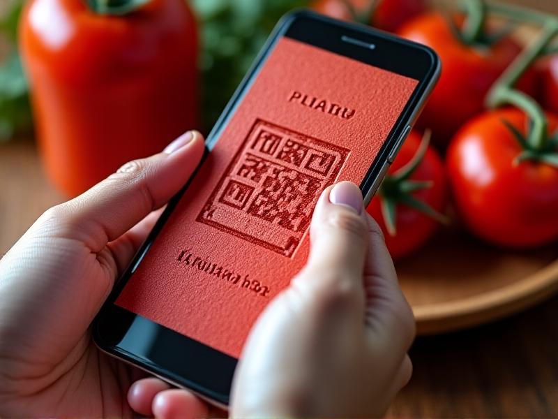 A close-up of a hand scanning a QR code on a tomato sauce jar, with a smartphone displaying detailed product information, highlighting the use of technology in traceability.